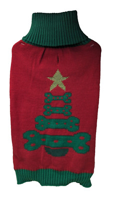 Winter Dog Clothes sweater red green boned Christmas Tree gold star M Medium