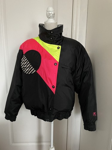 Vtg WHITE STAG Nylon Ski/Snowboard Jacket Women’s Sz L Black Art Deco