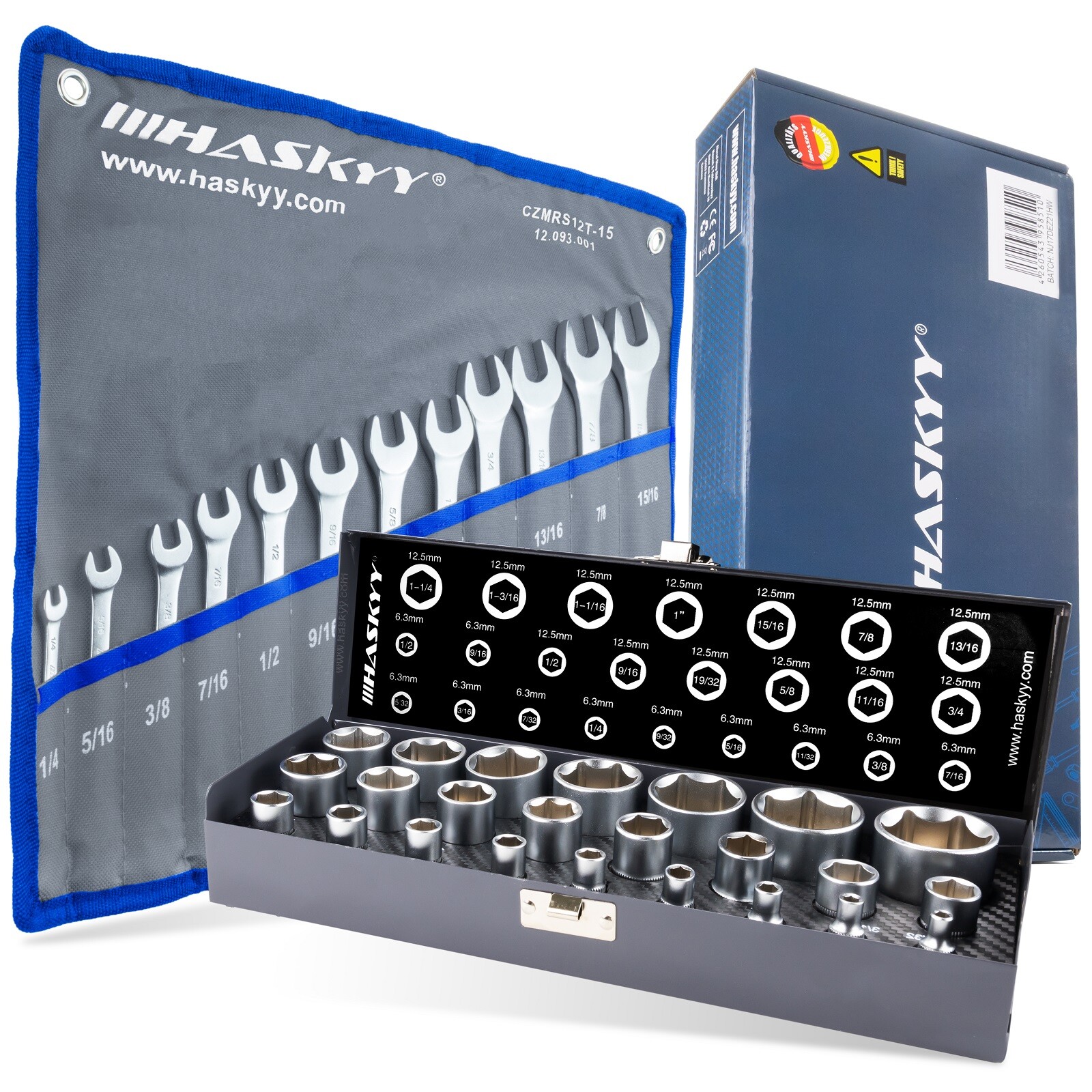 HASKYY® SAE Zoll-Werkzeug-Set Steckschlüssel Stecknüsse Maulringschlüssel ZÖLLIG