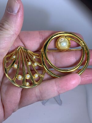 Lot of 2 Mix Openwork Shell Circle Pearls Vintage Gold Brooch Pin M ...