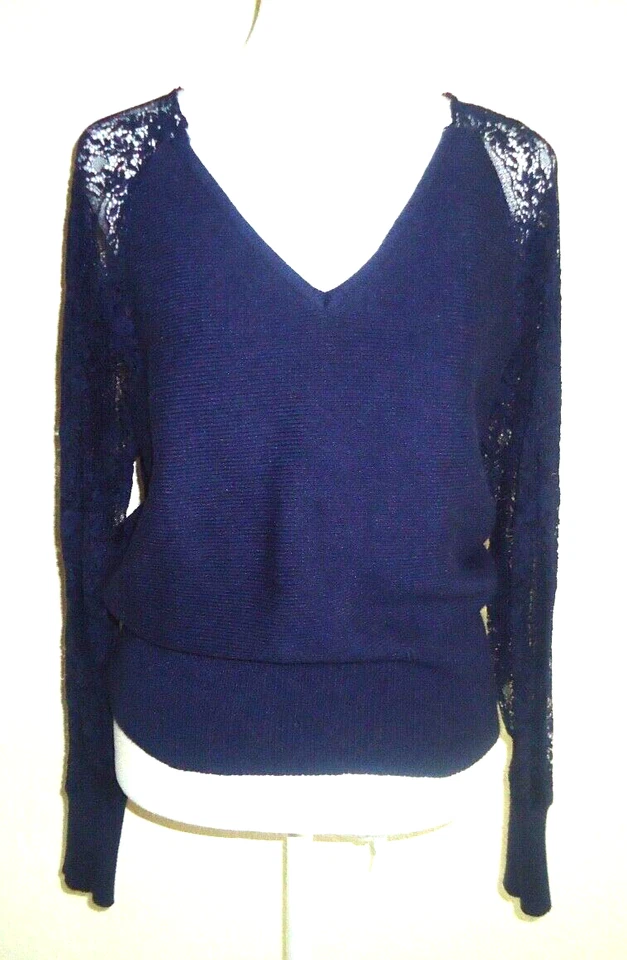 Moda Para Mujer Azul Cuello en V Suéter Tejido Mangas de Encaje y Cintura con Bandas Talla-S Foto 3 de 4
