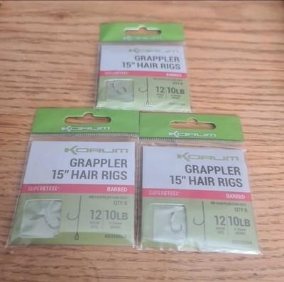 Korum Grappler Hair Rigs - Größe 12 Barbed 10lb Line 15'' Long - 24 Rigs