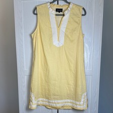 French Curve Yellow 100% Linen Sleeveless Shift Dress White Trim Size Large
