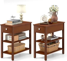 Narrow End Table Set of 2 Farmhouse Side Tables with Drawer & Storage Shelves