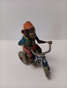 Wind-up Tin Toy Monkey On Tricycle No Key GERMANY US ZONE Vintage Moving Parts