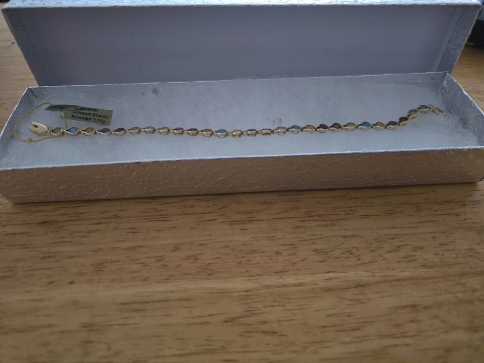 Vintage 14k Yellow Gold Multi Gem Pear Shaped Tennis Bracelet 7.16gm & 7 3/4 '  - Image 3 of 4