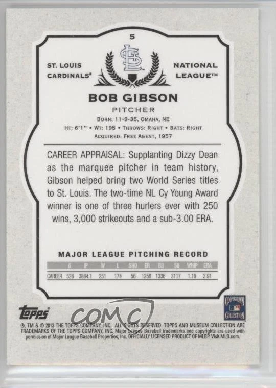 2013 Topps Museum Collection Bob Gibson #5 HOF - Image 2 of 2
