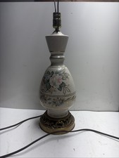 Porcelain Ceramic Floral Urn Lamp 28.5” Very Top Off White Gold. Vintage
