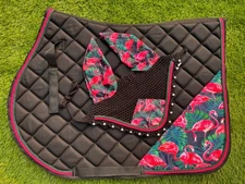 FLAMINGO ENGLISH SADDLE PAD SET FLY VEIL HORSE EAR NET BONNET STUNNER SPORTS