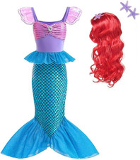 Costume Da Sirenetta Vestito Principessa Ariel Sirena Con Parrucca per Bambina T
