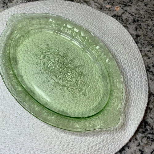 Green Depression Glass Oval Dish 11”