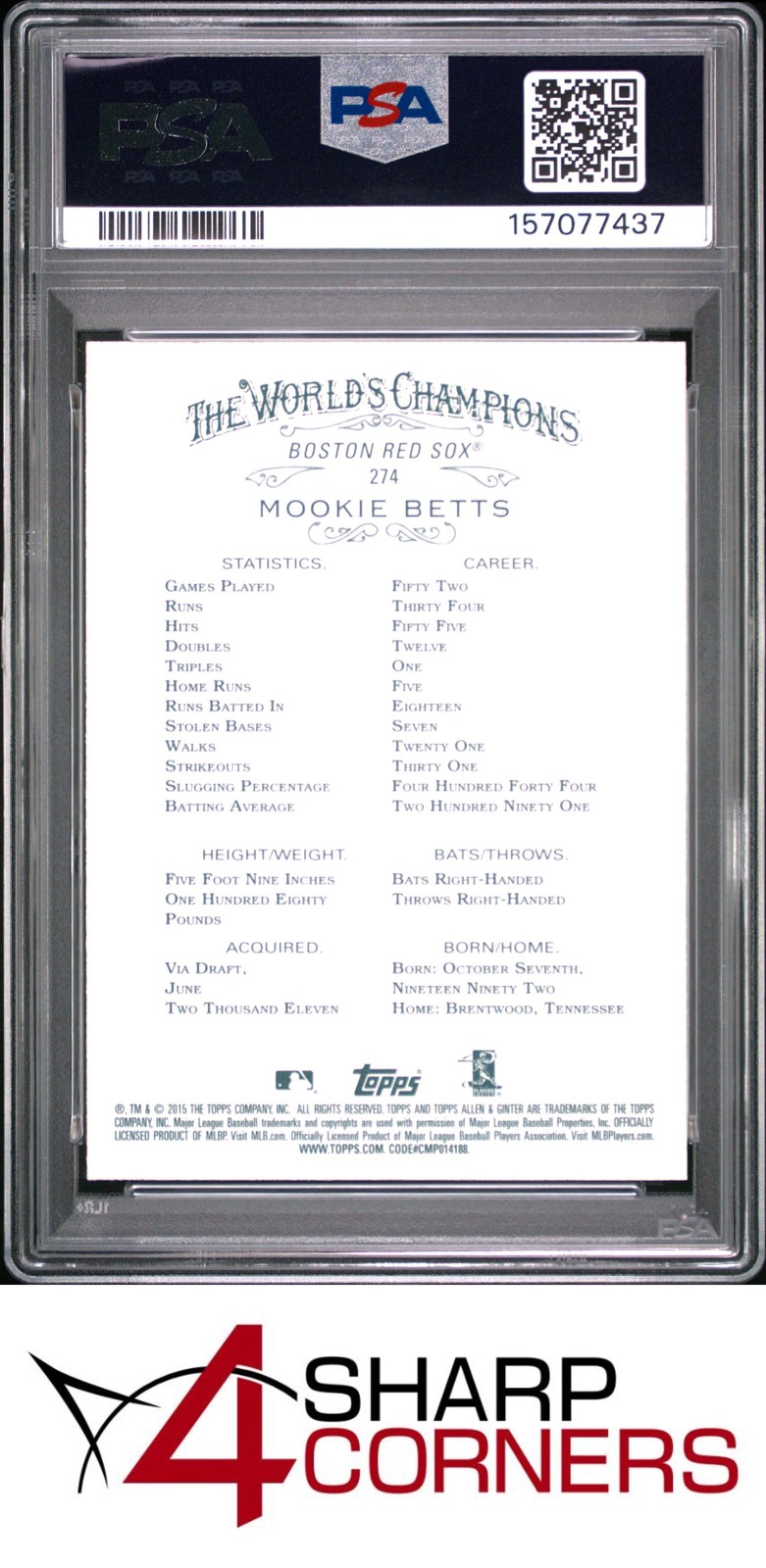 2015 TOPPS ALLEN & GINTER #274 MOOKIE BETTS RED SOX PSA 10 view 2