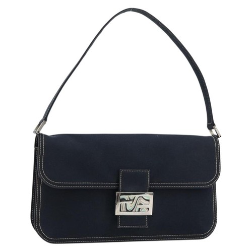 FENDI Marble Mamma Baguette Shoulder Bag Canvas Navy Silver Auth am11569A