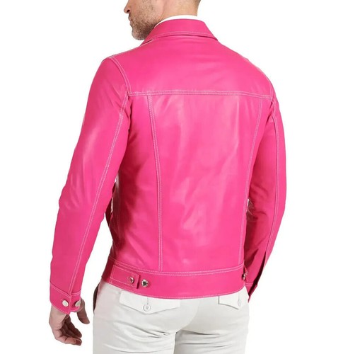Genuine Lambskin Leather Trucker Jacket Pink Biker Denim Shirt Style Coat Men's - Picture 4 of 10