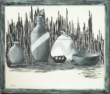 Beautiful Vintage Black and White Still life Painting of Pottery Signed & Lovely