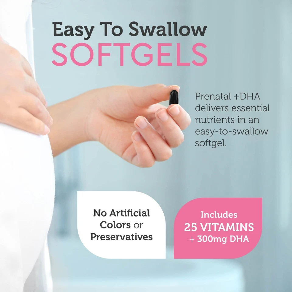 Vitaminas prenatales Zahler con DHA 60 unidades cápsulas blandas de metilfolato no transgénicas Foto 3 de 4