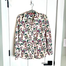 Talbots Cream Paisley Print Button Down Collared Preppy Colorful Cotton Sz Large
