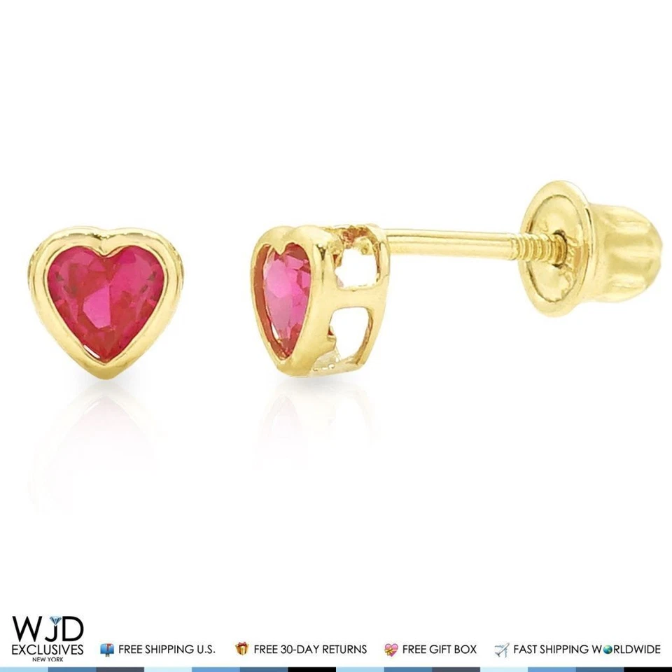 14K Yellow Gold Heart Bezel Ruby Screwback Stud Earrings 4mm - Image 2 of 4