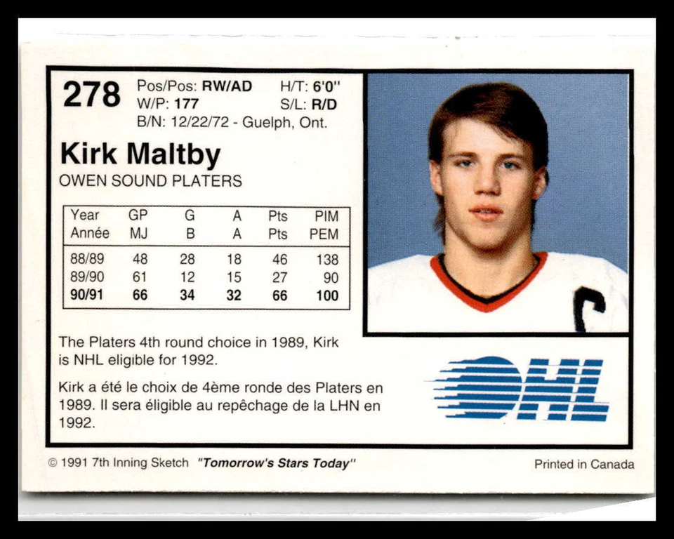 1991-92 7th Inning Sketch OHL #278 Kirk Maltby Owen Sound Platers - Image 2 of 2