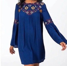 Blue Rain Francesca's Floral Embroidered Boho Long Sleeve Tunic Mini Dress S