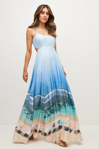 Schönes neues Karen Millen blauer Krawatte Farbstoff perlenverziertes Maxikleid, 16, £269
