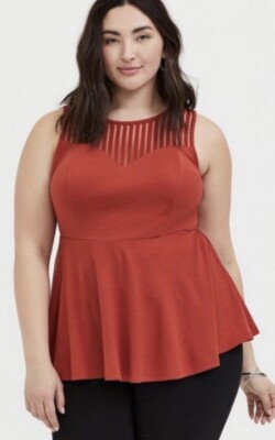 TORRID Red Terracotta Premium Ponte Stripe Yoke Peplum Top Plus Size: 5(28) NWT!
