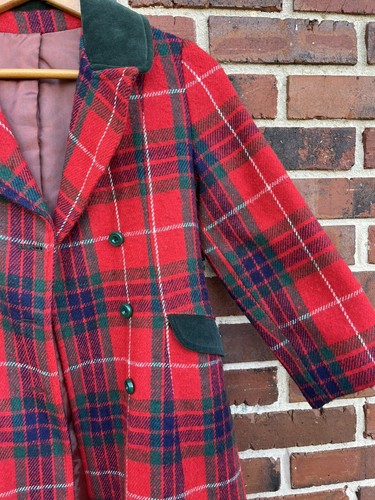 Rothschild Girls Pea Coat Plaid Wool Red Green Preppy Lined - Picture 2 of 4