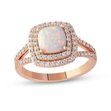 Cushion-Shaped Opal Simulated Halo Split Shank Engagement Ring Rose Gold Plated