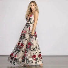 Windsor Beautiful Embroidered Floral Tulle Maxi Dress Size S