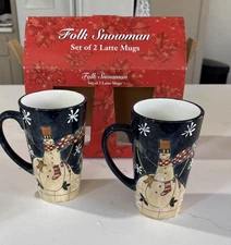 Susan Winget Folk Art Winter Tall Mugs Cups  Christmas Snowman Set of 2