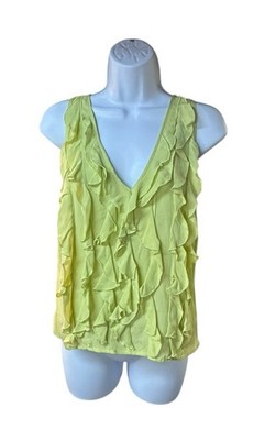 Caché 100% Silk Ruffle Tank Top Lime Green Sleeveless Blouse Sz 12