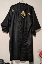 Kimono Robe Men's One Size Black Satin Embroidered Kanji Asian Loungewear Long