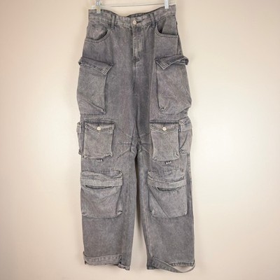 Micas Gray Acid Wash Cargo Jeans Womens Medium Baggy Wide Leg Y2K Streetwear