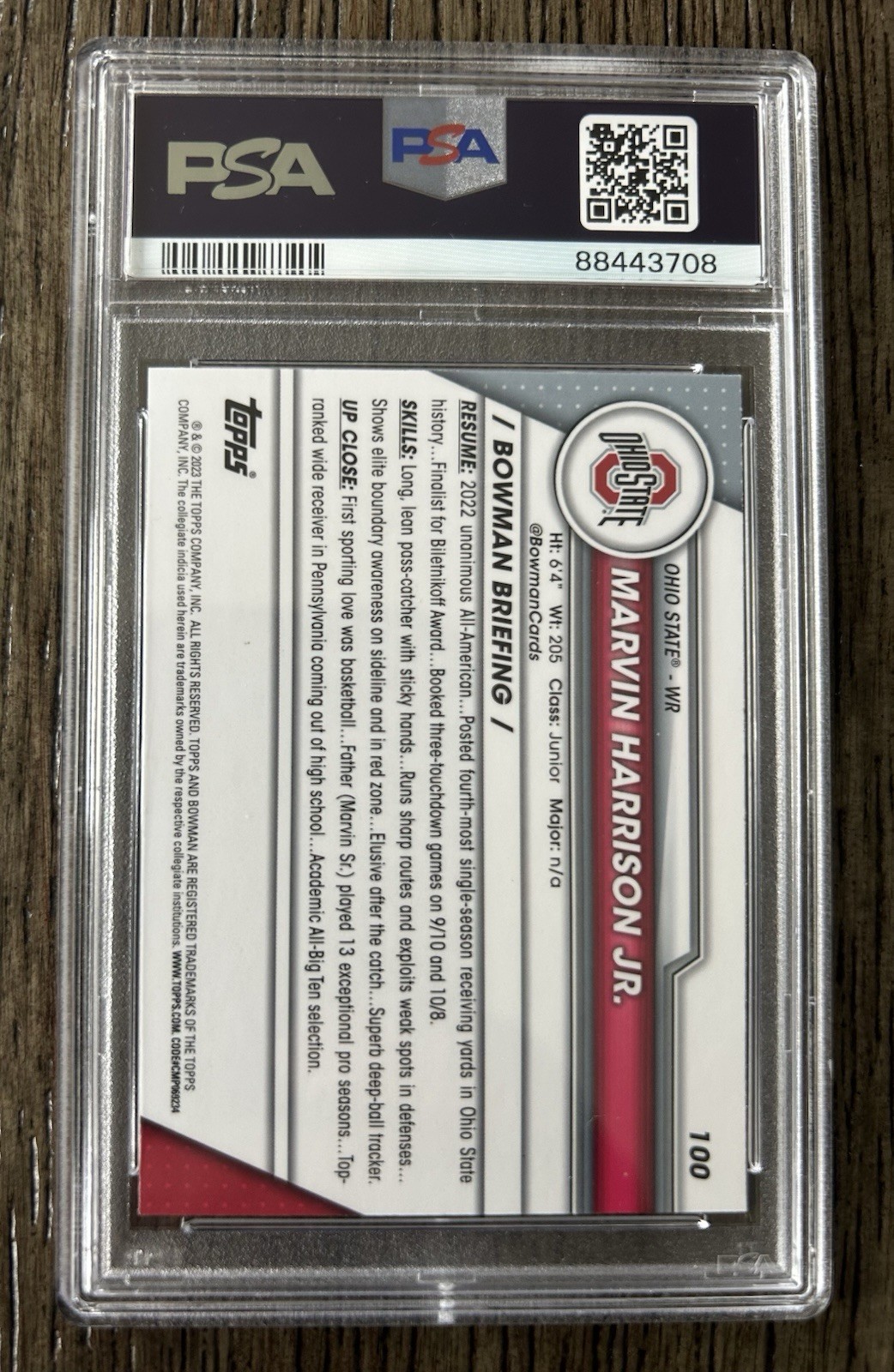 Marvin Harrison Jr 2023 Bowman U Football 1st Sapphire PSA 10 Ohio State view 2