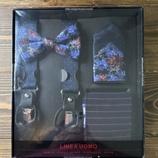 Linea Uomo Men's Floral Bow Tie Pocket Square Polka Dot Clip-On Suspenders