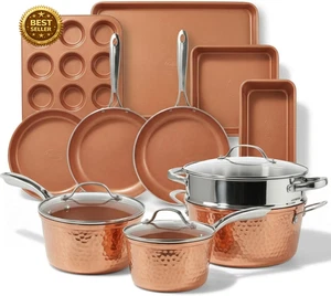15 Pc Hammered Ceramic Cookware Set Nonstick Induction Pots Pans Copper Bakeware