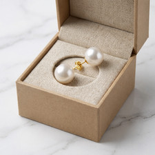 14K Solid Yellow Gold 12mm Crystal Pearl Stud Earrings Classic White Pearl Gift