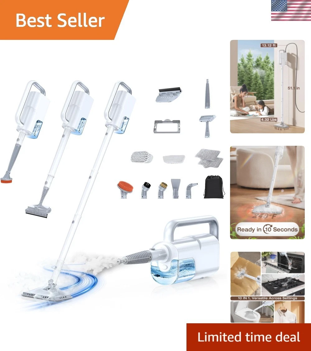 10-in-1 Steam Mop with Detachable Handheld Steamer, 350ml Tank, 10s Heat-Up, ...