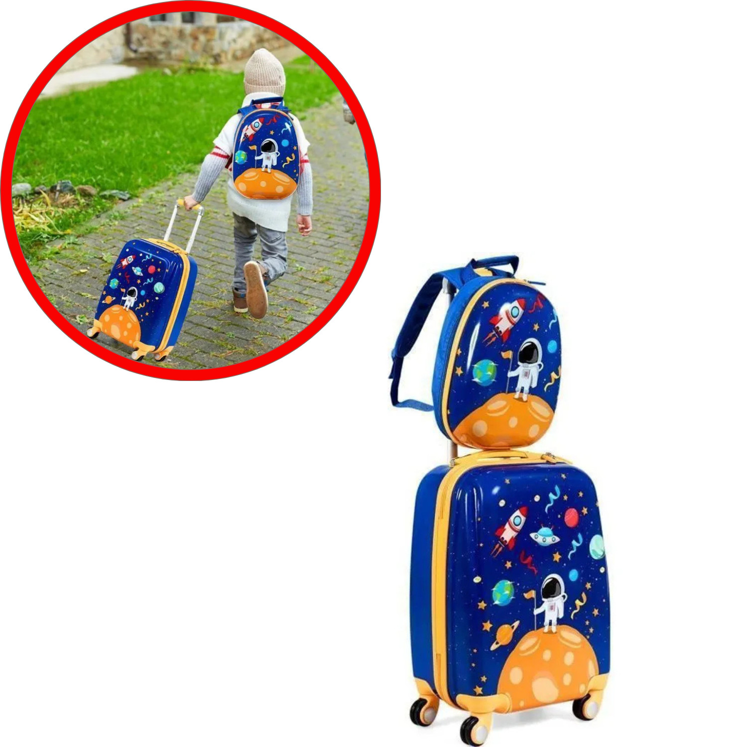 "Maleta con ruedas para niños COSTWAY + mochila azul cosmonauta niño 18""...