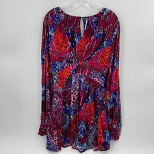 FREE PEOPLE Romper Colorful Long Sleeve Size S Oversized Flowy Deep V-Neck