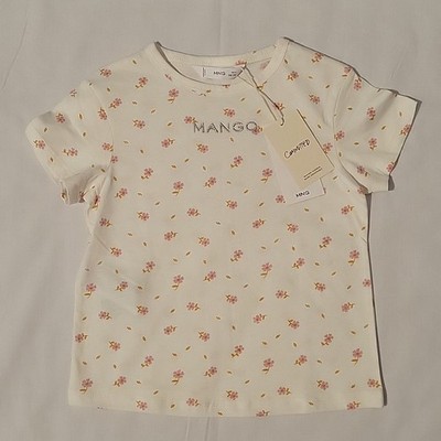 Mango 100% cotton white pink floral short sleeve t-shirt, girl's size 5-6, New