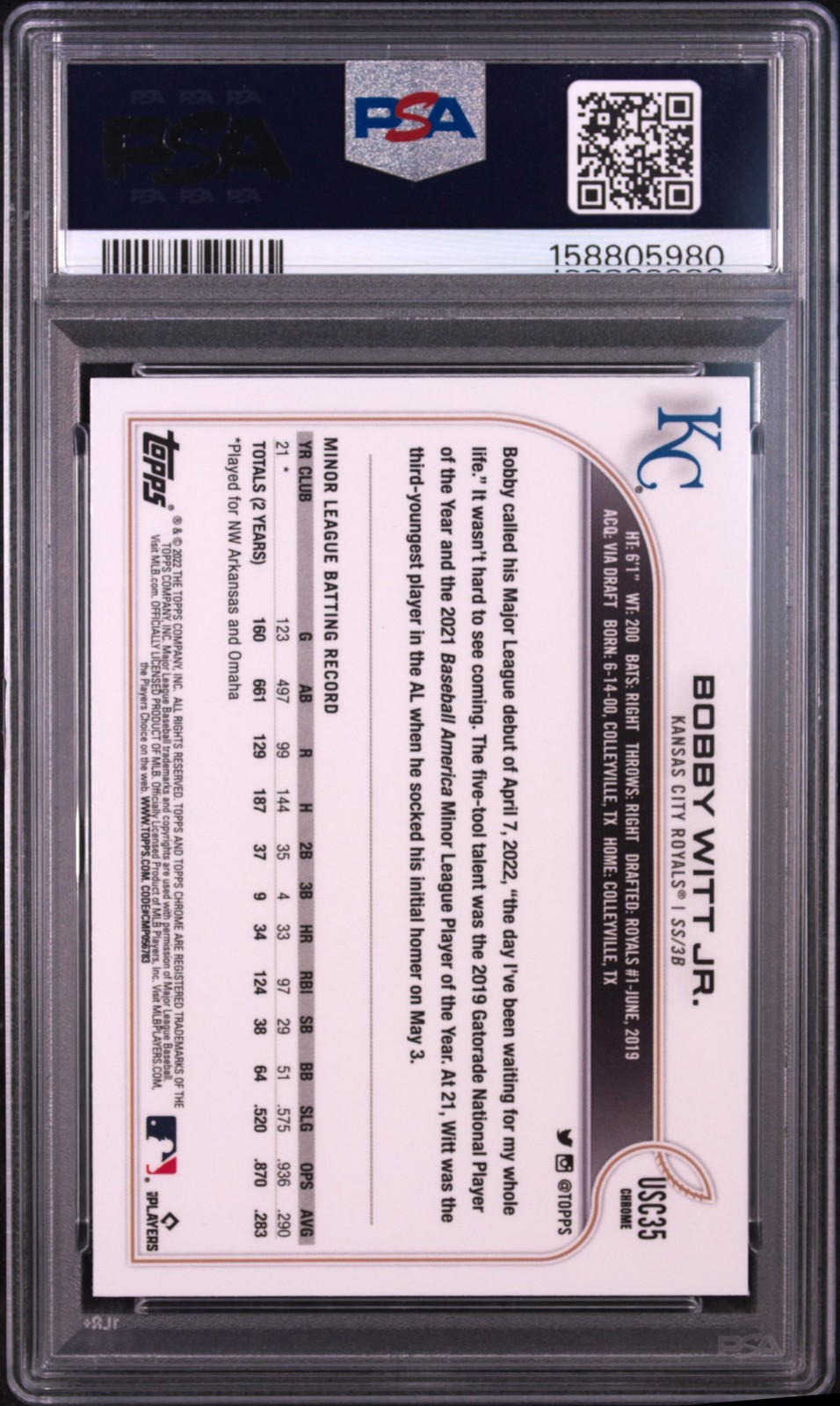 2022 TOPPS CHROME UPDATE #USC35 BOBBY WITT JR. ROOKIE RC PSA 10 view 2