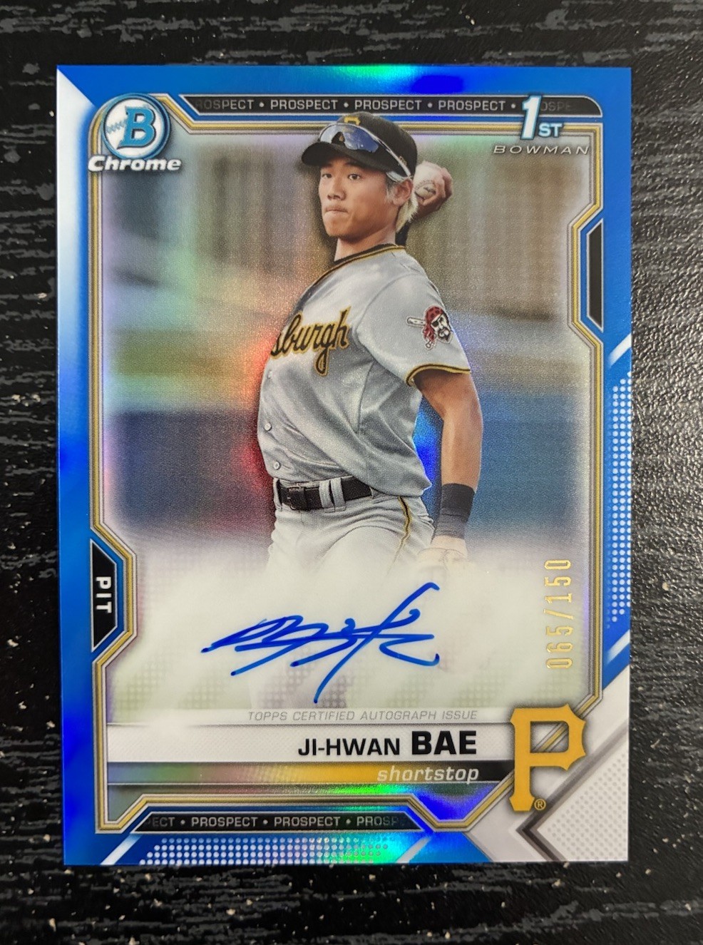 Ji-Hwan Bae 2021 Bowman Chrome 1st Year Blue Refractor Autograph /150 Pirates