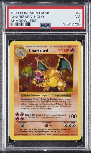 1999 POKEMON BASE SET SHADOWLESS #4 CHARIZARD-HOLO PSA 3