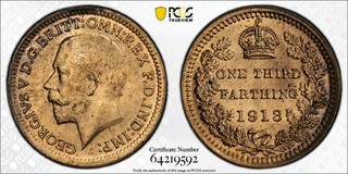 1913 Great Britain 1/3 Farthing PCGS MS65 RB