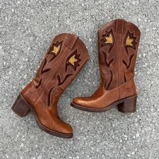 Vintage Frye Sabrina Floral Inlay Leather Boho Pull On Campus Boots Western