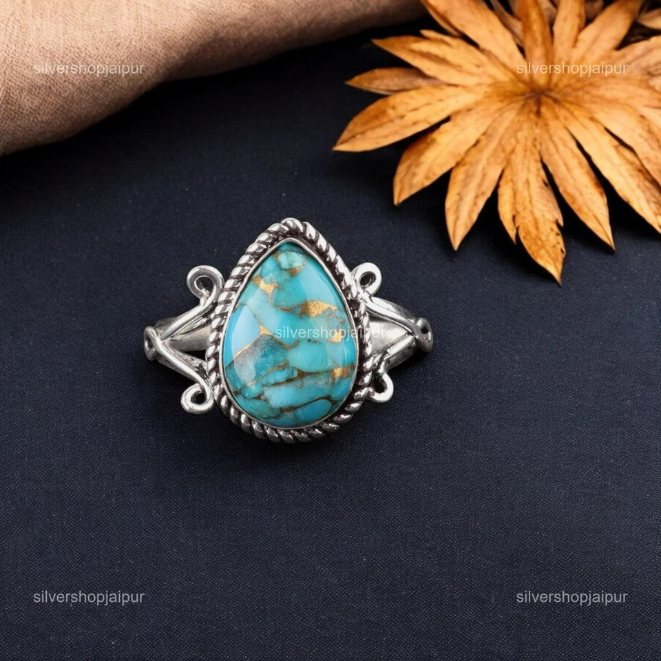 925 Sterling Silver Blue Copper Turquoise Gemstone Statement Mother Ring Jewelry - Image 3 of 4