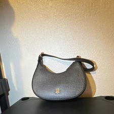 Burberry Black Gray Monogram Crescent Shoulder Bag Gold Hardware Adjustable Str  