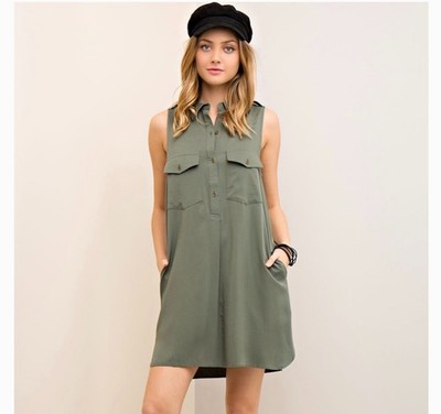 Entro Sage Green Utility Shift Dress Large with Pockets  - NEW with flaws