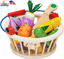 Magnetic Wooden Cutting Fruit and Vegetable Play Food Set with Basket